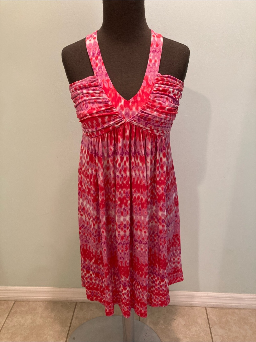 Calvin Klein Pink & Red Patterned Sleeveless V-Neck Mini Dress